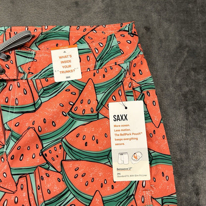 SAXX Betawave 2N1 Board Shorts Men 34" Red Watermelon AOP Drawstring Swim NEW