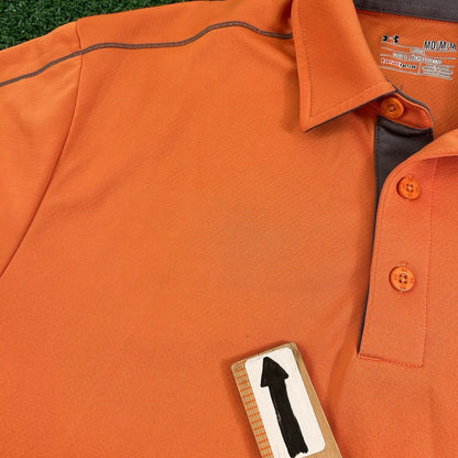 Under Armour Polo Shirt Mens Medium Orange Short Sleeve Golf Athletic Heatgear