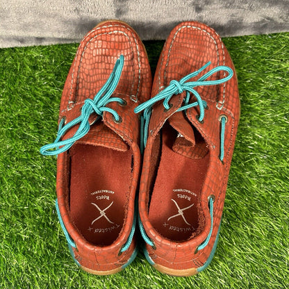 Twisted X Loafers Womens 7.5 M Red Blue Leather Boat Shoes crocodile Print Lace