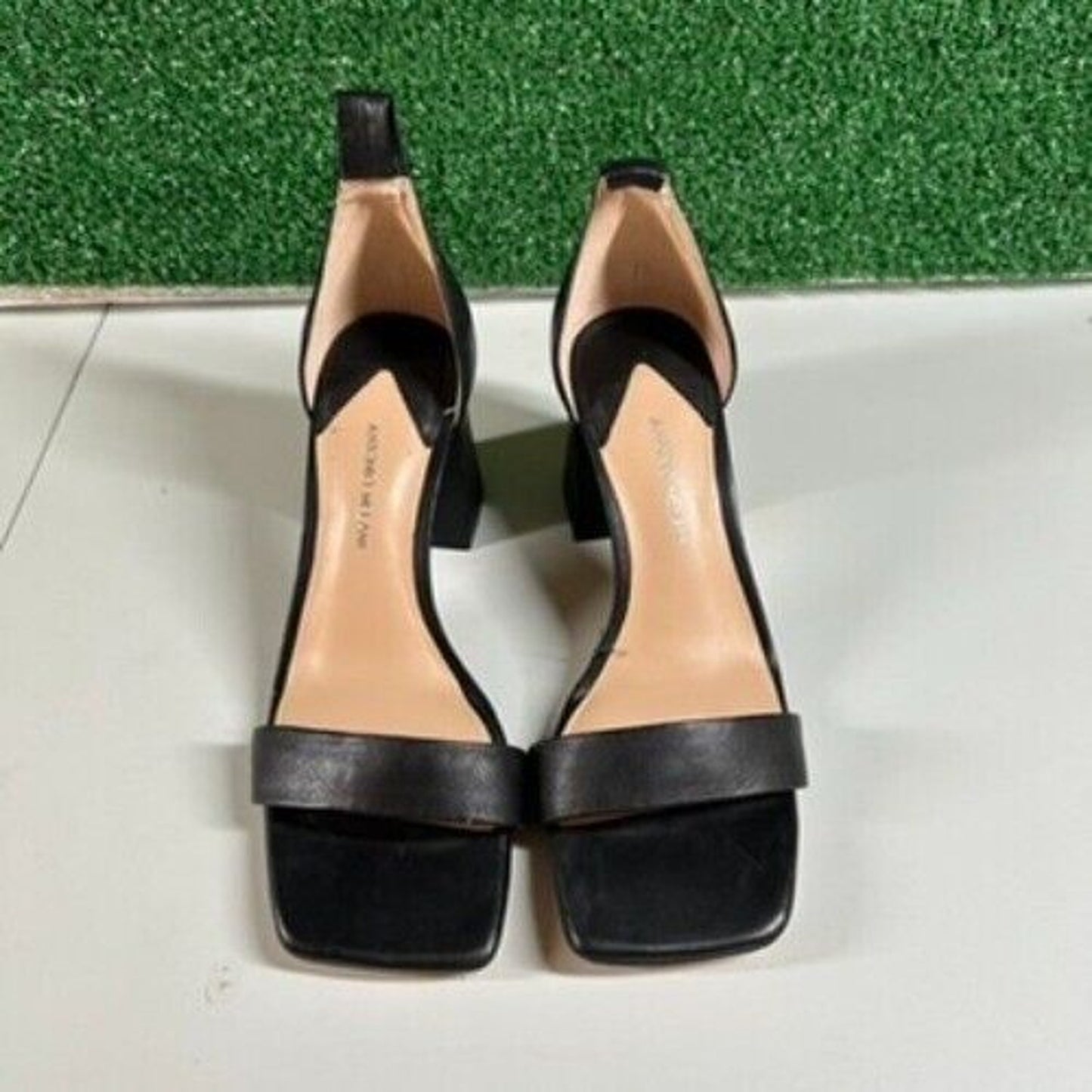 Antonio Melani Black Leather Block Heel Sandals Square Toe Slip On Womens 6.5M