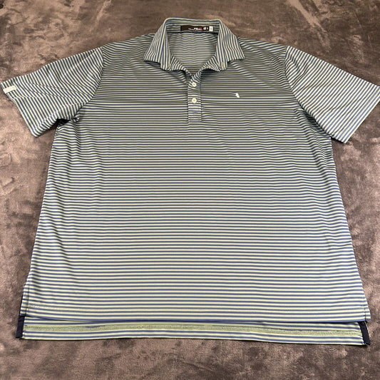 RLX Ralph Lauren Polo Shirt Mens Extra Large Green Blue Stripe Short Sleeve Golf