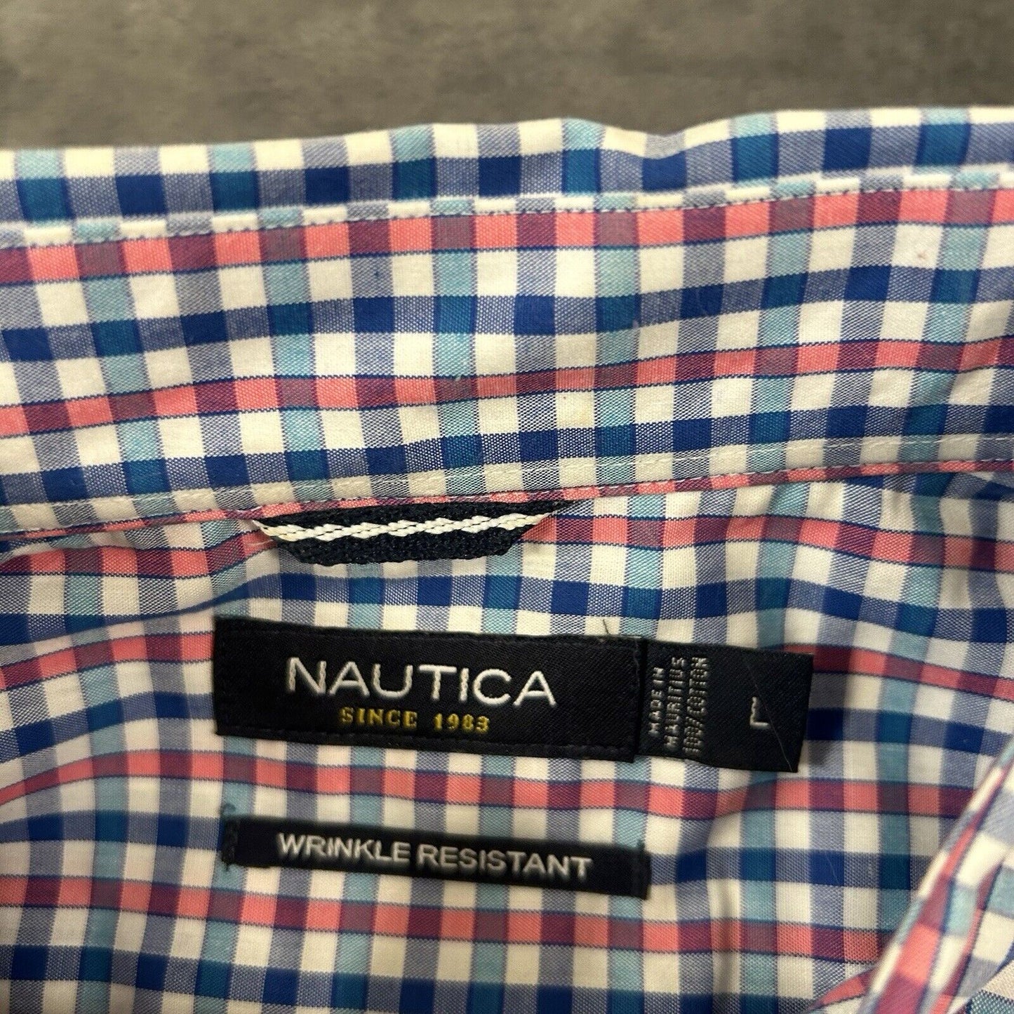 Nautica Shirt Mens Large Pink Blue White Check Button Up Short Sleeve Colorful