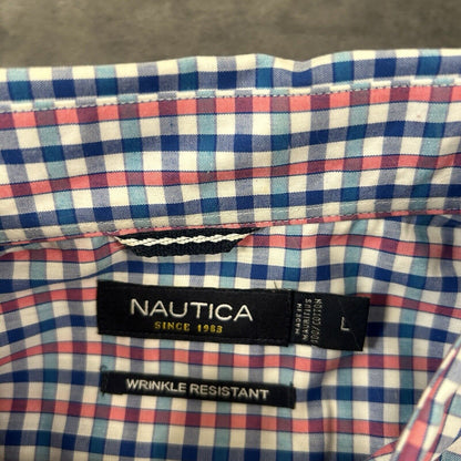 Nautica Shirt Mens Large Pink Blue White Check Button Up Short Sleeve Colorful