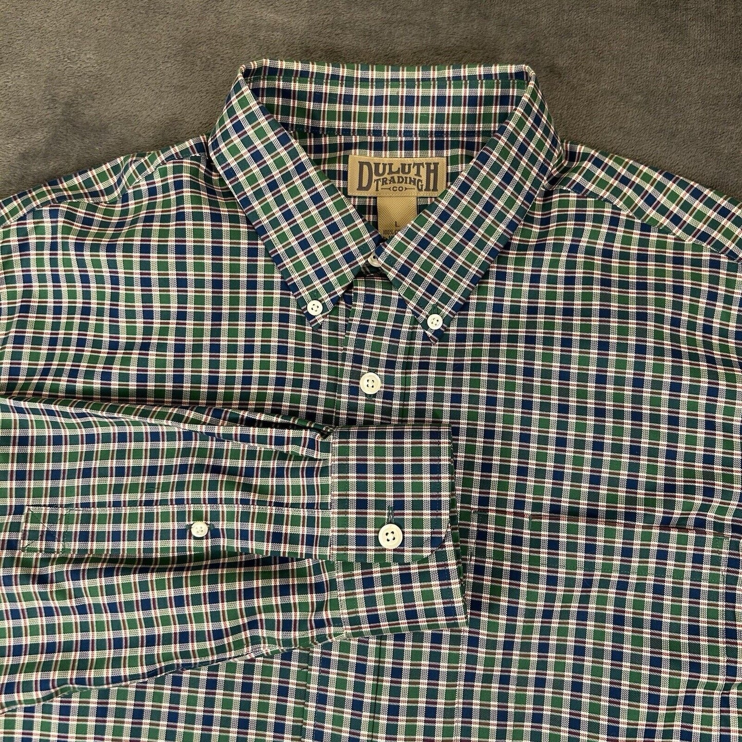 Duluth Trading Shirt Men Large Green Blue Check Button Up Long Sleeve Colorful