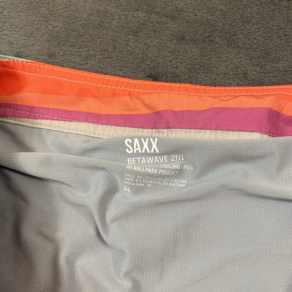 SAXX Betawave 2N1 Board Shorts Men 34" Orange Blue Striped Drawstring Swim NEW