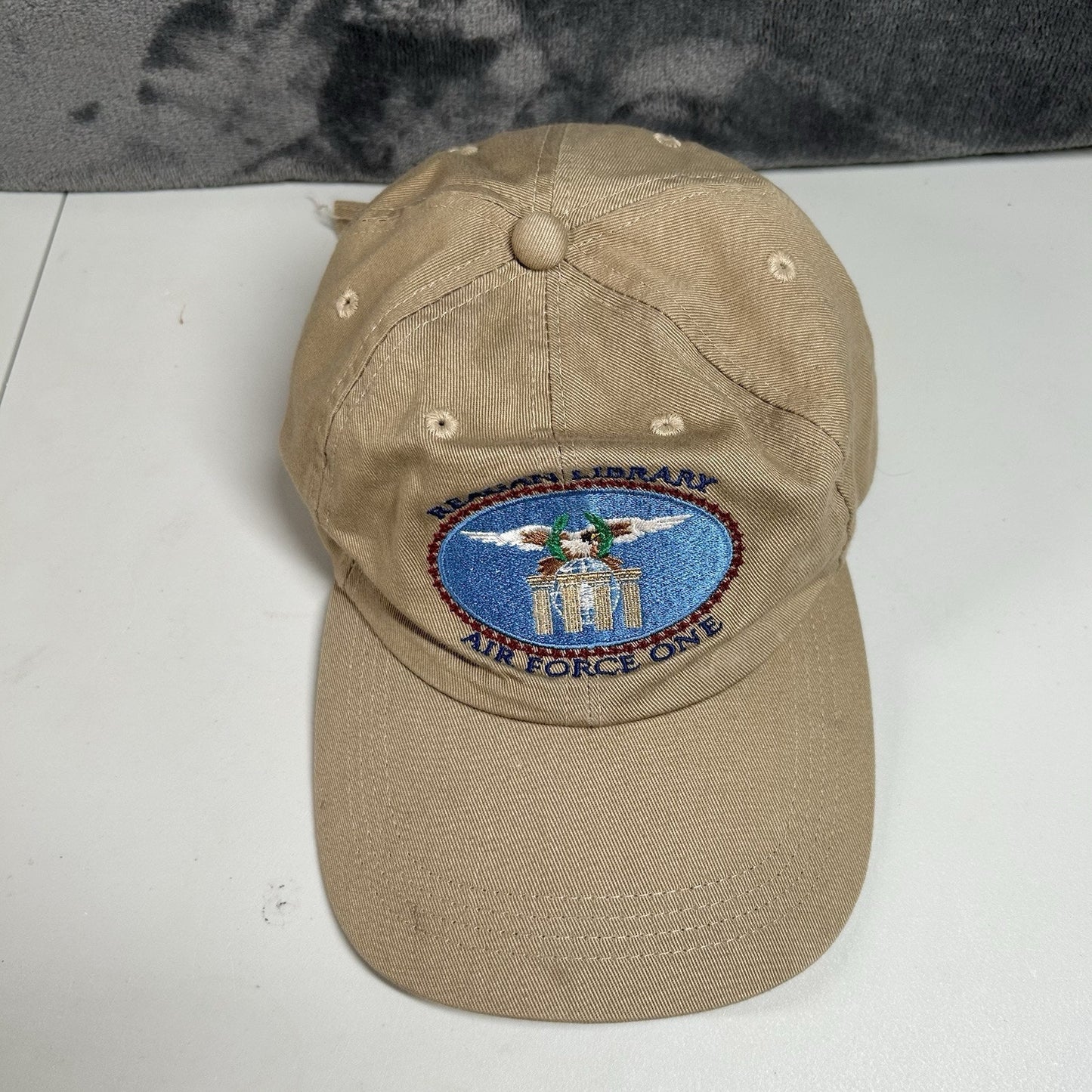 Vintage Reagan Library Air Force One Hat Cap Mens Tan Strap Back Adjustable