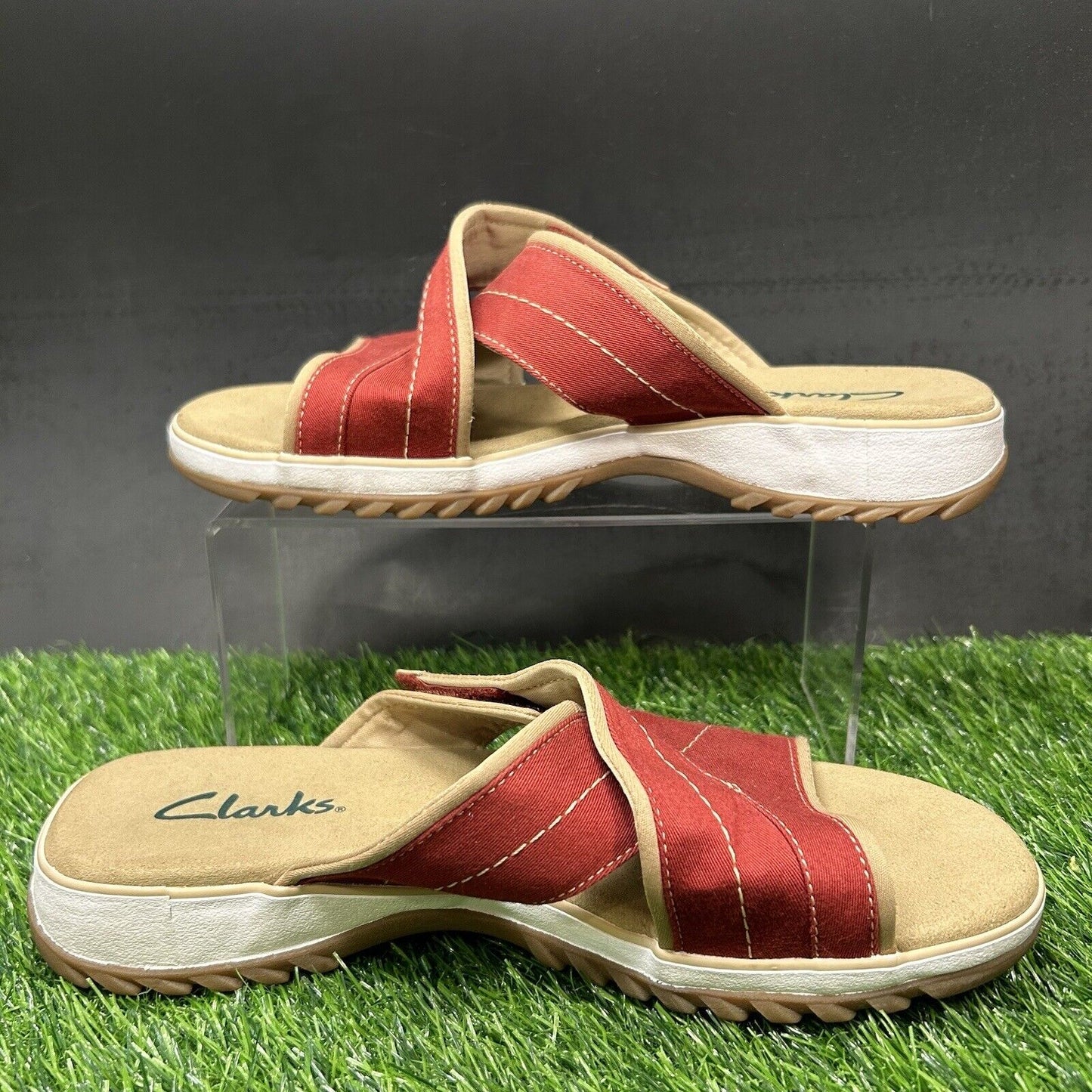 Clarks Sandals Womens 10 M Red White Slides Slip On Strappy Casual Comfort