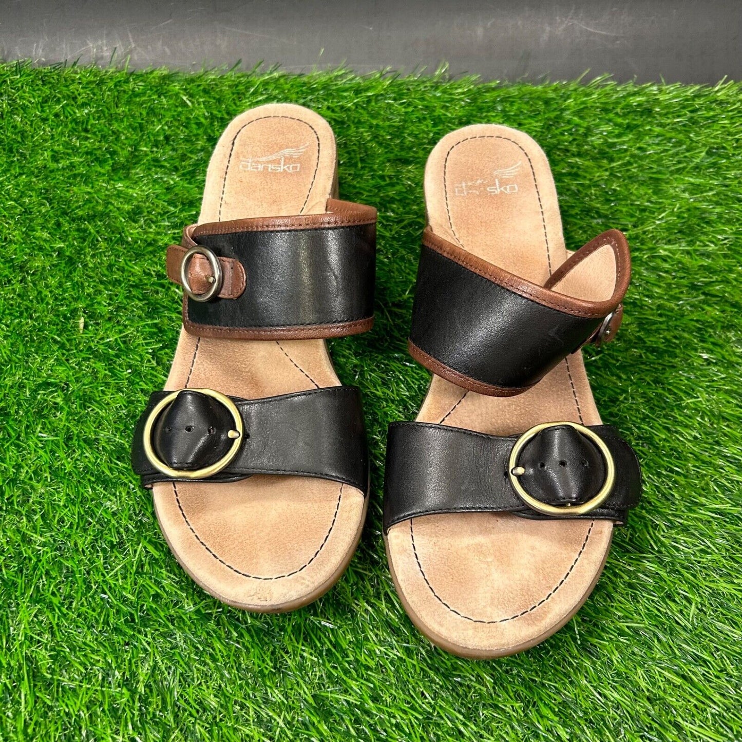 Dansko Lenny Sandals Womens 10.5 Black Brown Leather Double Strap Casual Comfort