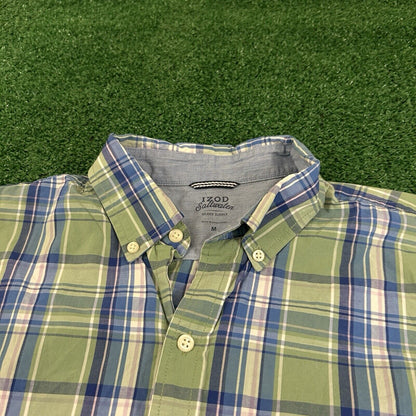 Izod Saltwater Shirt Mens Medium Green Blue Plaid Relaxed Button Up Short Sleeve