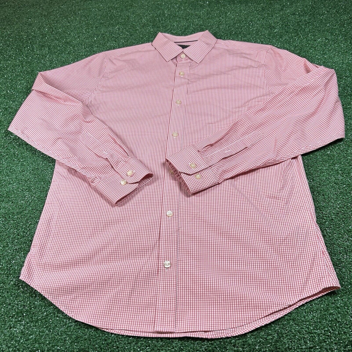Banana Republic Shirt Mens Medium Pink White Check Slim Button Up Long Sleeve