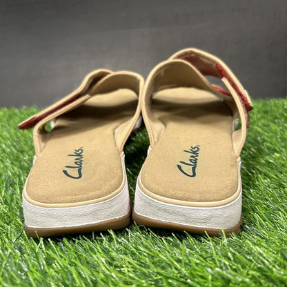 Clarks Sandals Womens 10 M Red White Slides Slip On Strappy Casual Comfort