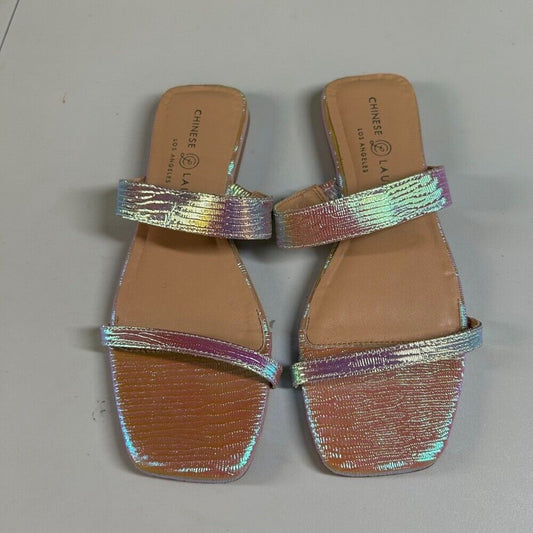 Chinese Laundry Iridescent Pink Slide Sandals Square Toe Two Strap Womens 6.5