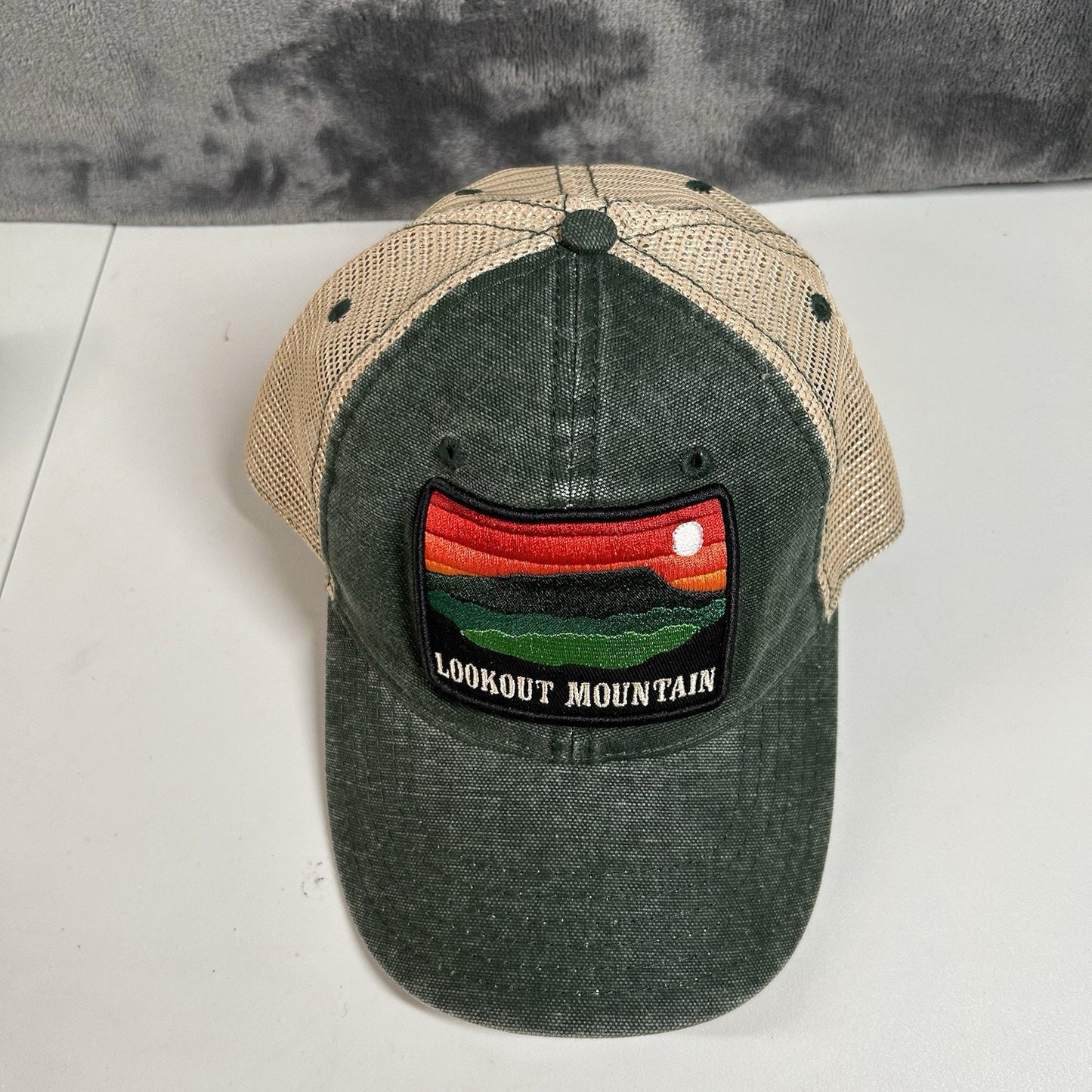 Lookout Mountain Trucker Hat Cap Mens Snapback Green Tan Patch Logo Adjustable
