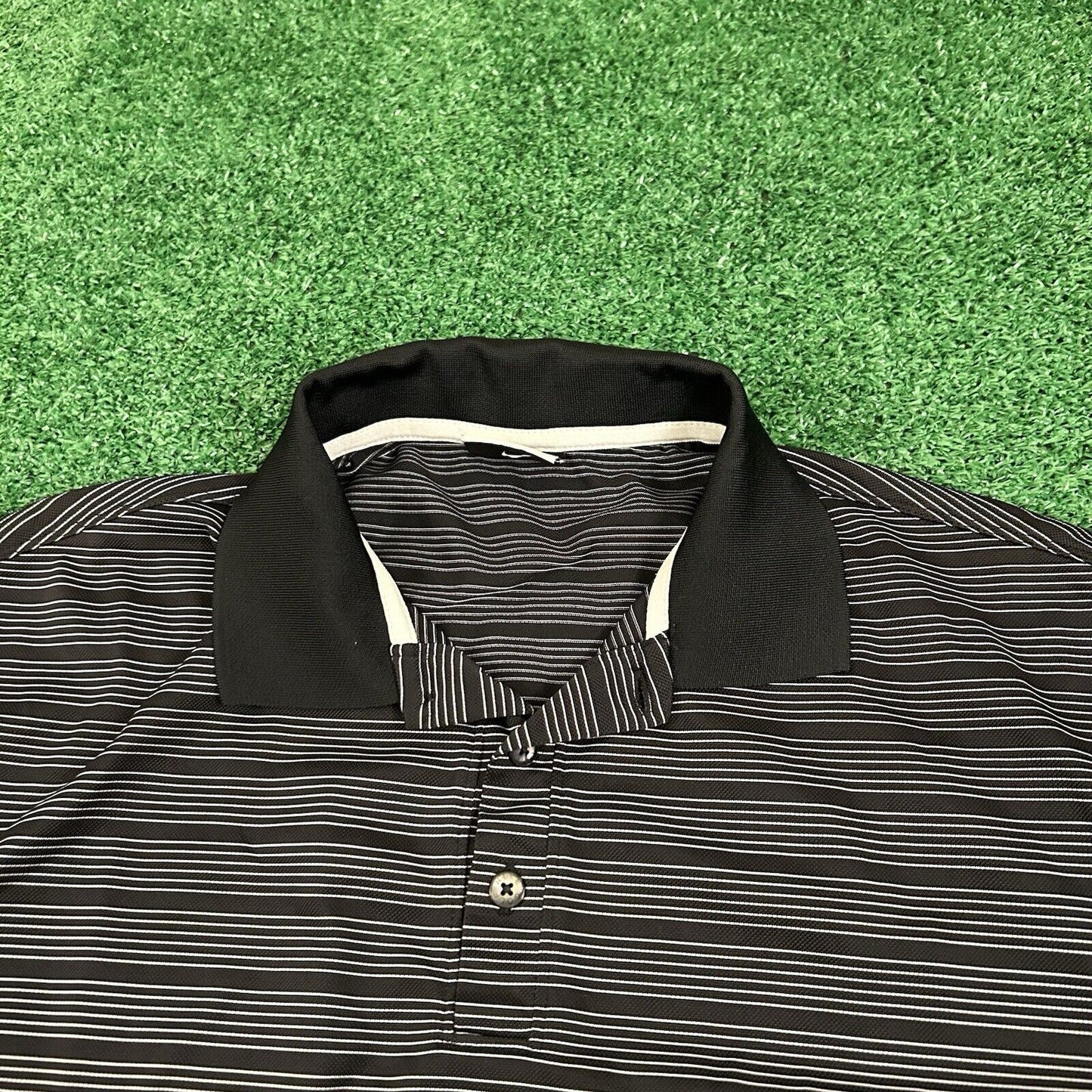 Nike Golf Polo Shirt Mens Medium Black White Striped Short Sleeve Dri-fit Preppy