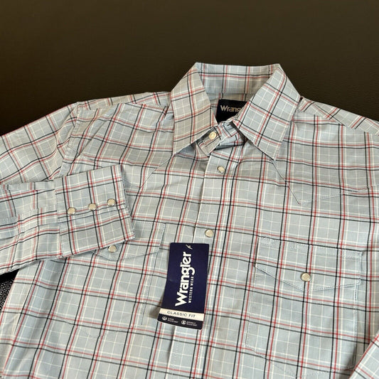 Wrangler Pearl Snap Shirt Mens Small Blue Red Plaid Cowboy Long Sleeve New