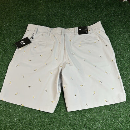 Under Armour Golf Shorts Mens 40" Gray Flat Front Bird Print Water Resistant New